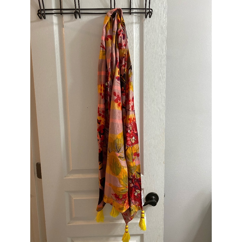 Anthropologie Pink/Orange Scarf & Yellow Tassels